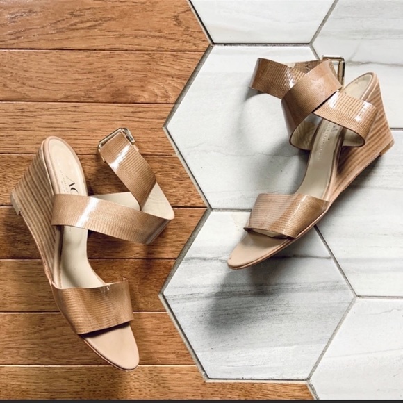 Agl Shoes - Agl Nude Patent Leather Lizard Embossed Ankle Wrap Wedge Sandal 38 1/2